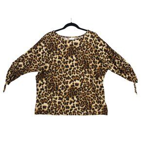 Leopard Print Chicos Womens Top Size 2 Lightweight Ruched 3/4 Sleeve Polyester/S